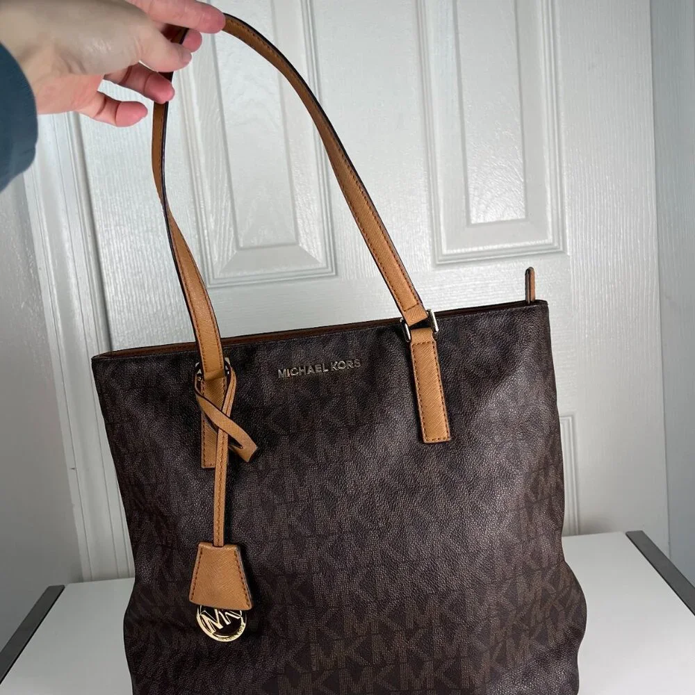 Michael Kors Brown Signature Tote with Tan Trim